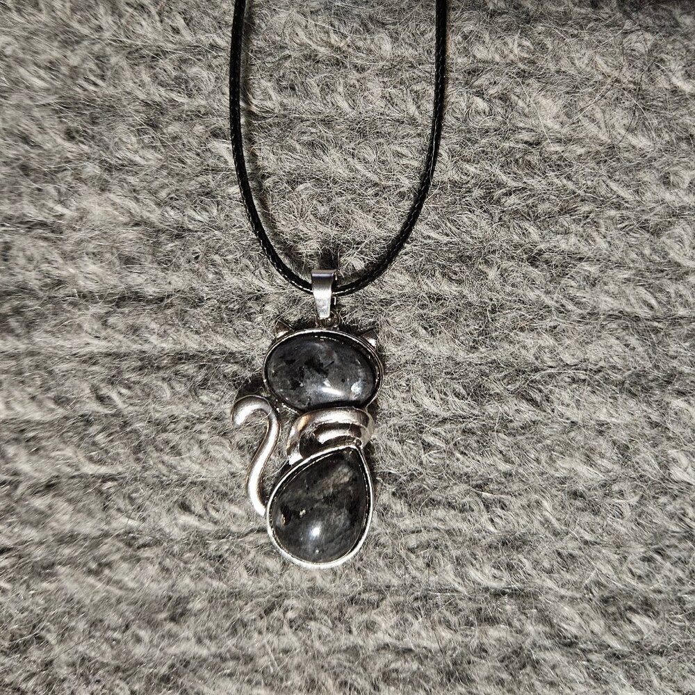 COPY - Larvikite gemstone cat pendant, silver plate, black cord, artisan, new